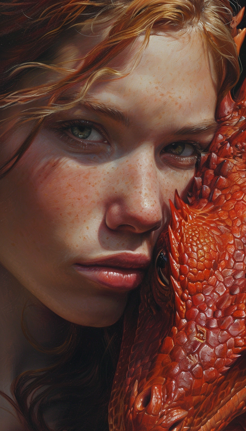 Close-up portrait of expressive woman and red dragon