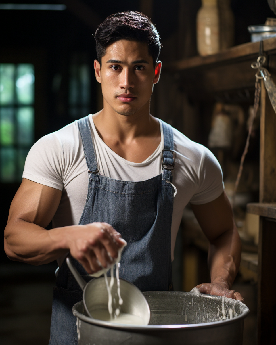 Young man brewing milk in kitchen