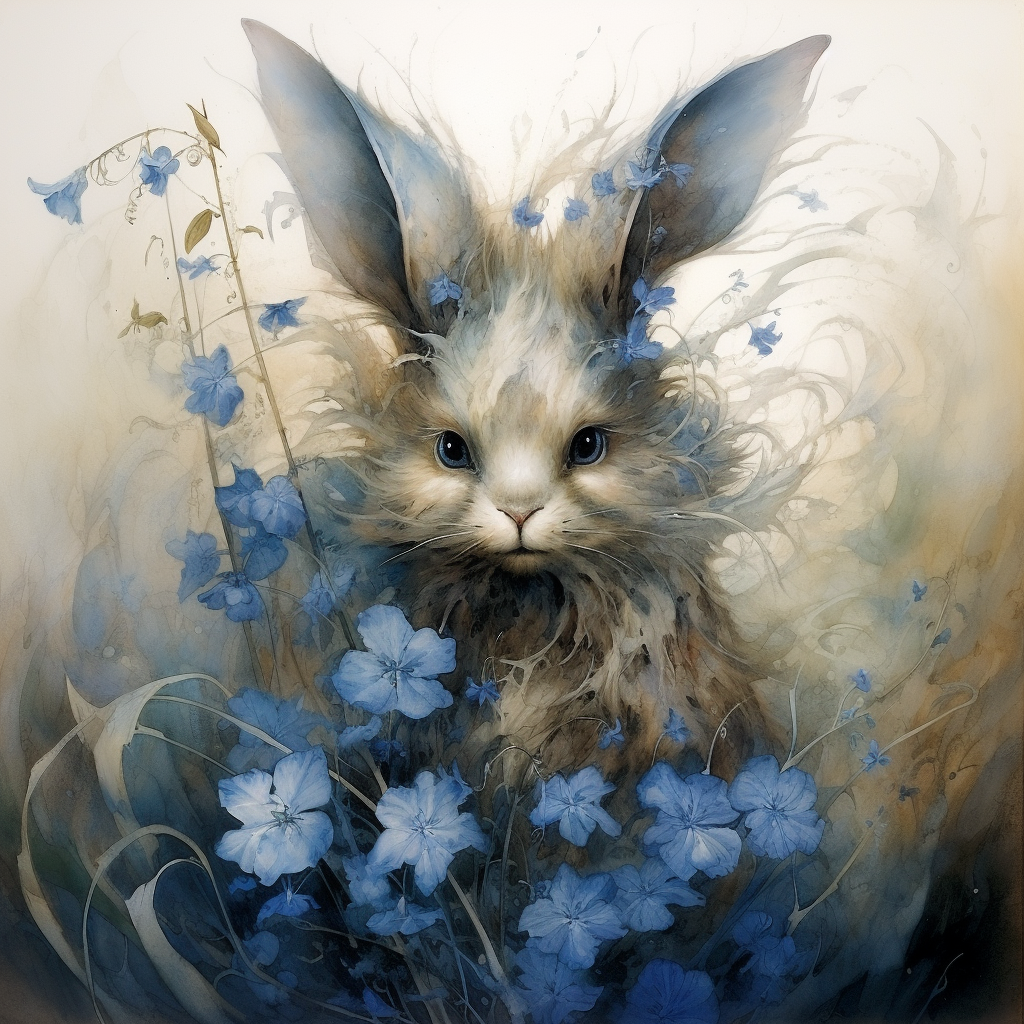 Fantasy illustration of a friendly rabbit in a garden