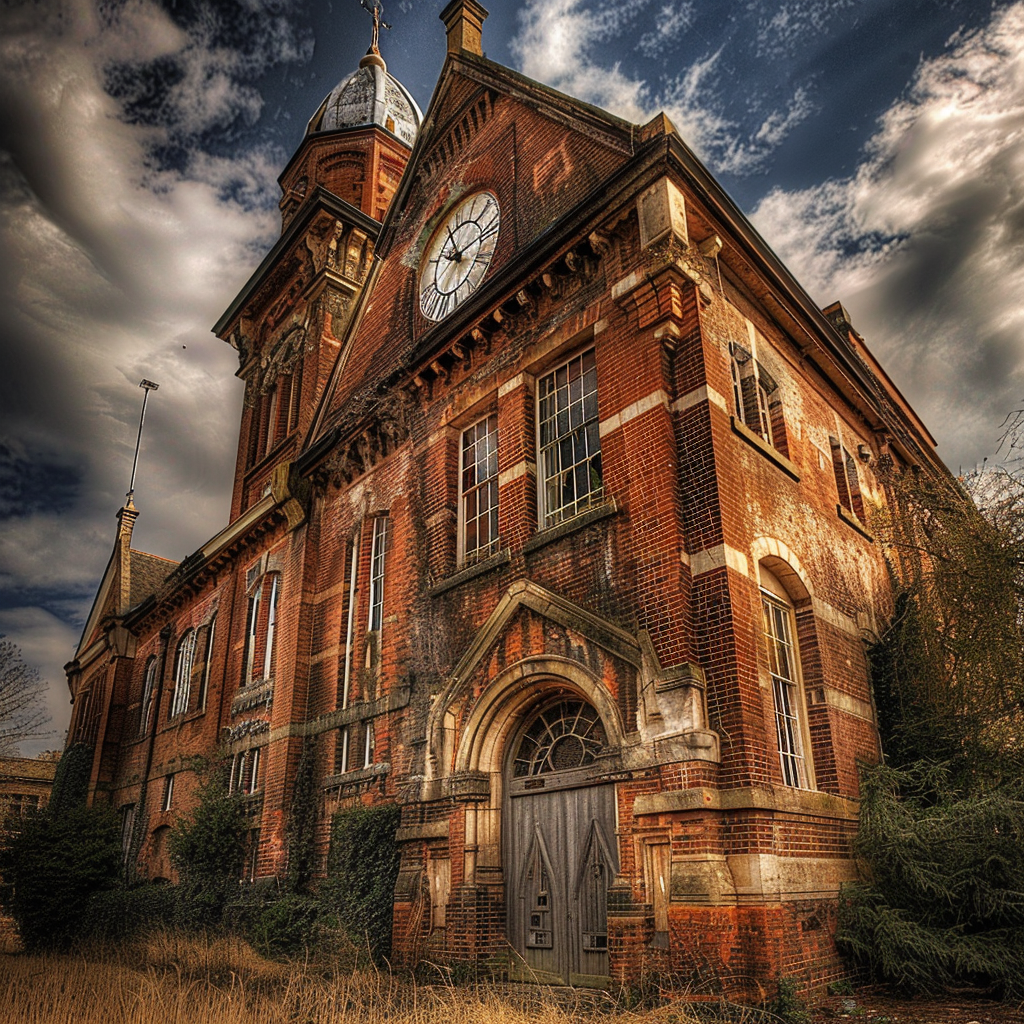 Brick building clock tower photo