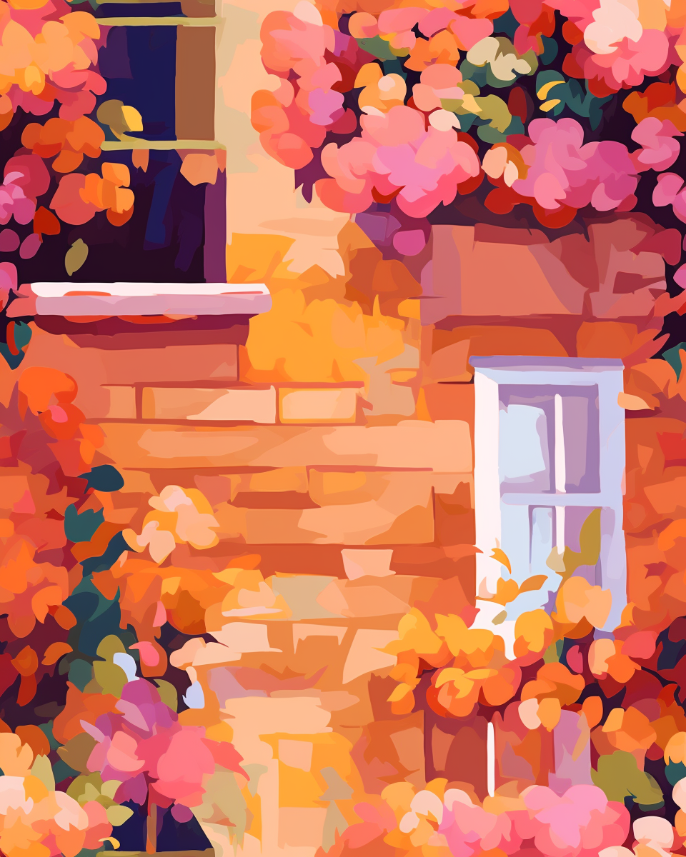 Brick house with colorful flowers