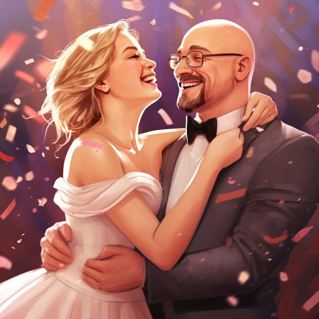 Blonde Bride and Bald Groom Holding Hands