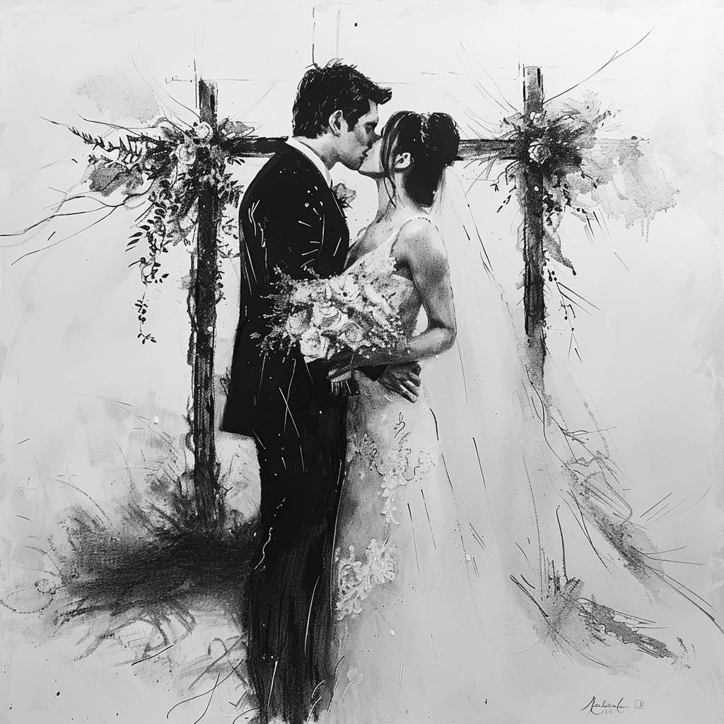 Bride Groom Wedding Kiss Drawing