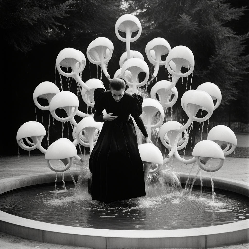 Bride playing with malic moulds in fountain