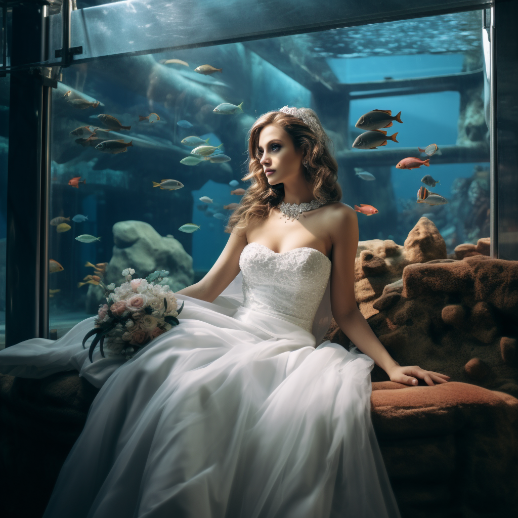 Bride in Aquarium with Ornamental Fish