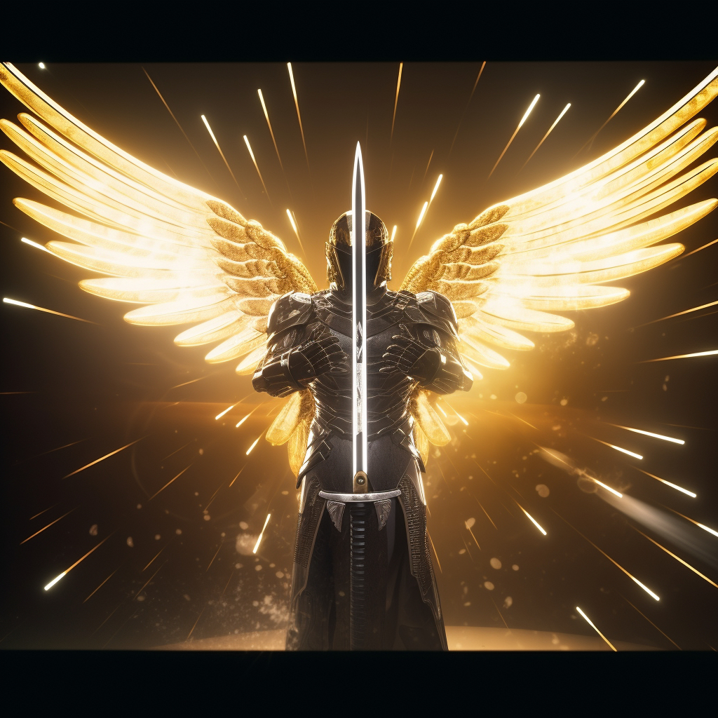 Bright angel with sword ready to fight enemies