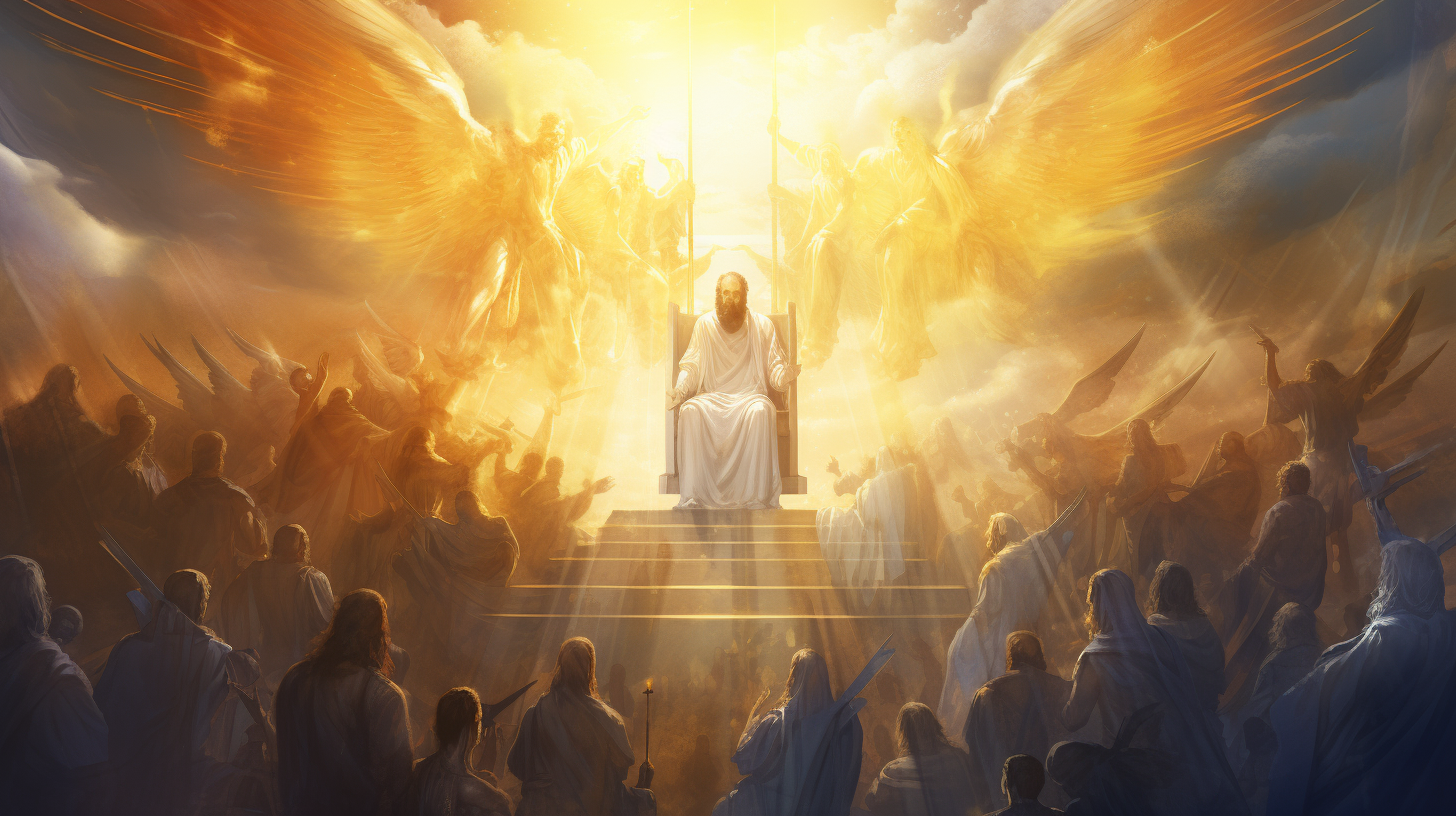 Angelic worship around golden throne in heaven