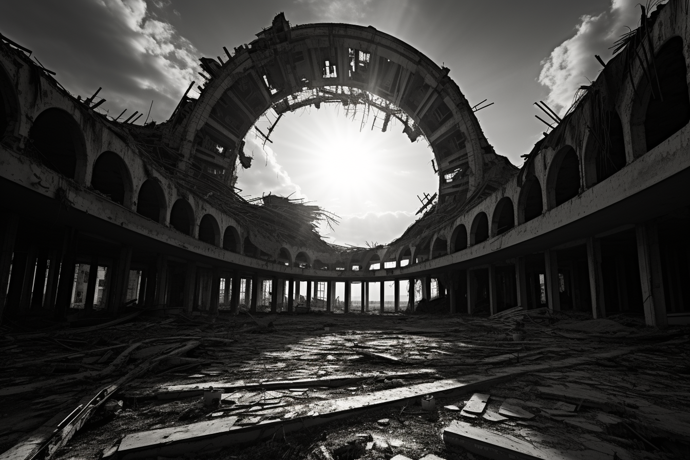 Abandoned futuristic building in black and white