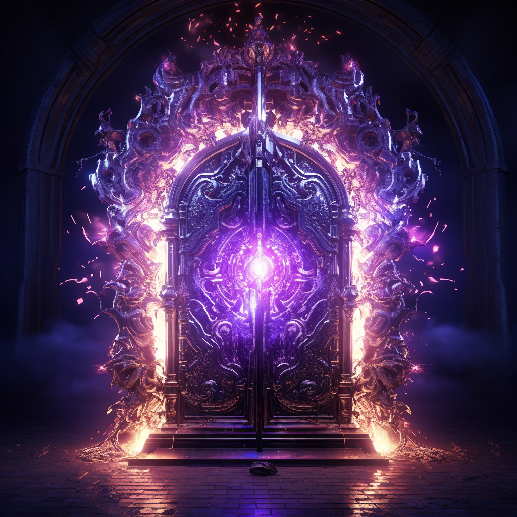 Ornamental door with purple magic lights