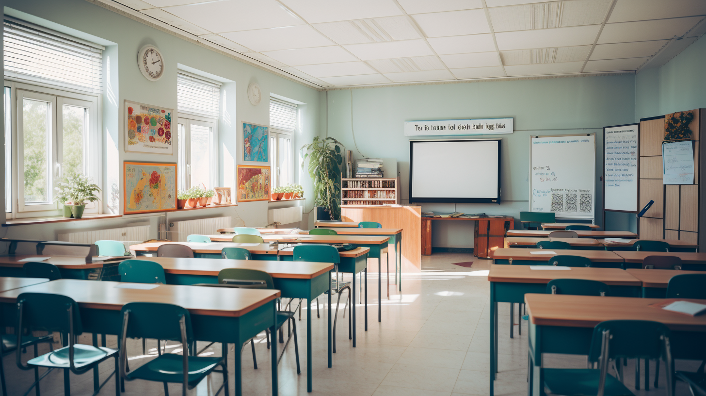 High school classroom with whiteboard