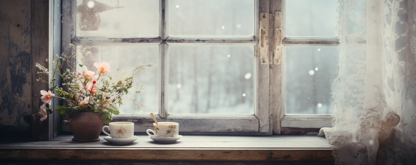 Vintage coffee cup and flowers on window ledge