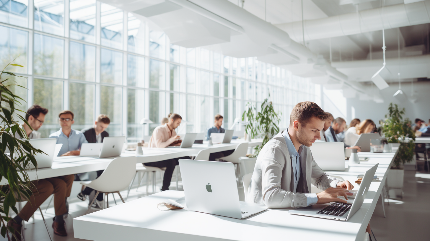 Employees working in a bright white office space