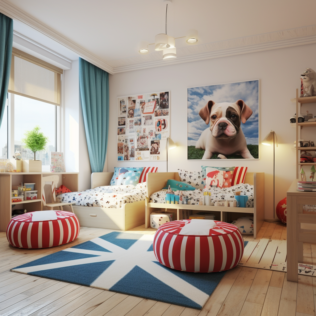 Bright and clean American children's room with dog and computer.