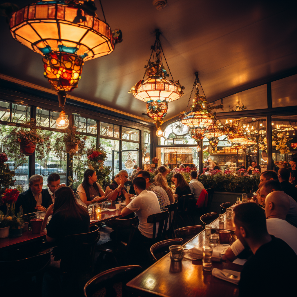 Customers enjoying a meal at a brightly lit restaurant