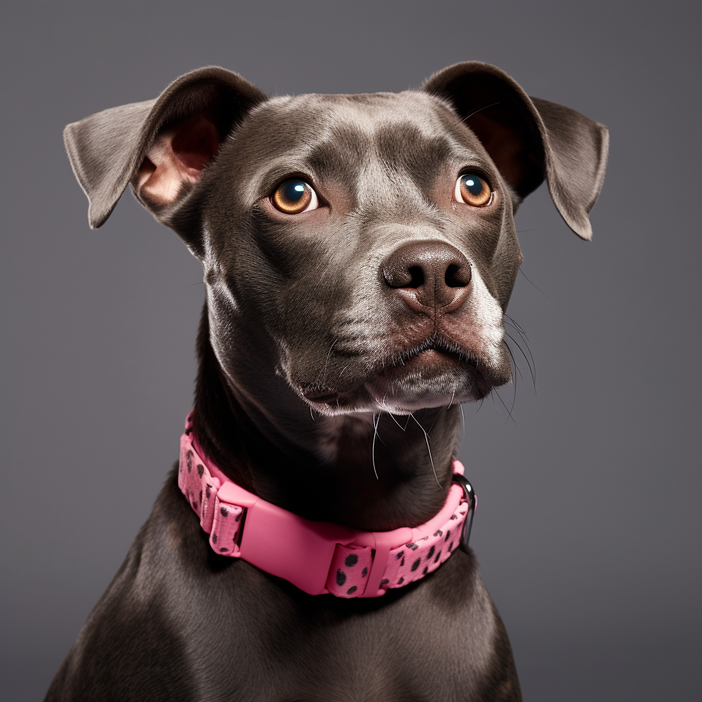 Adorable brindle pitbull chihuahua mix with pink collar