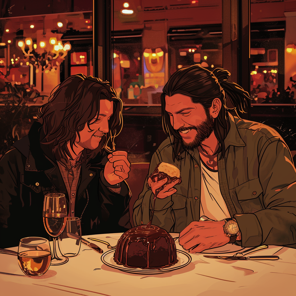 British 40-year-old and long-haired chubby 30-year-old eating chocolate lava cake