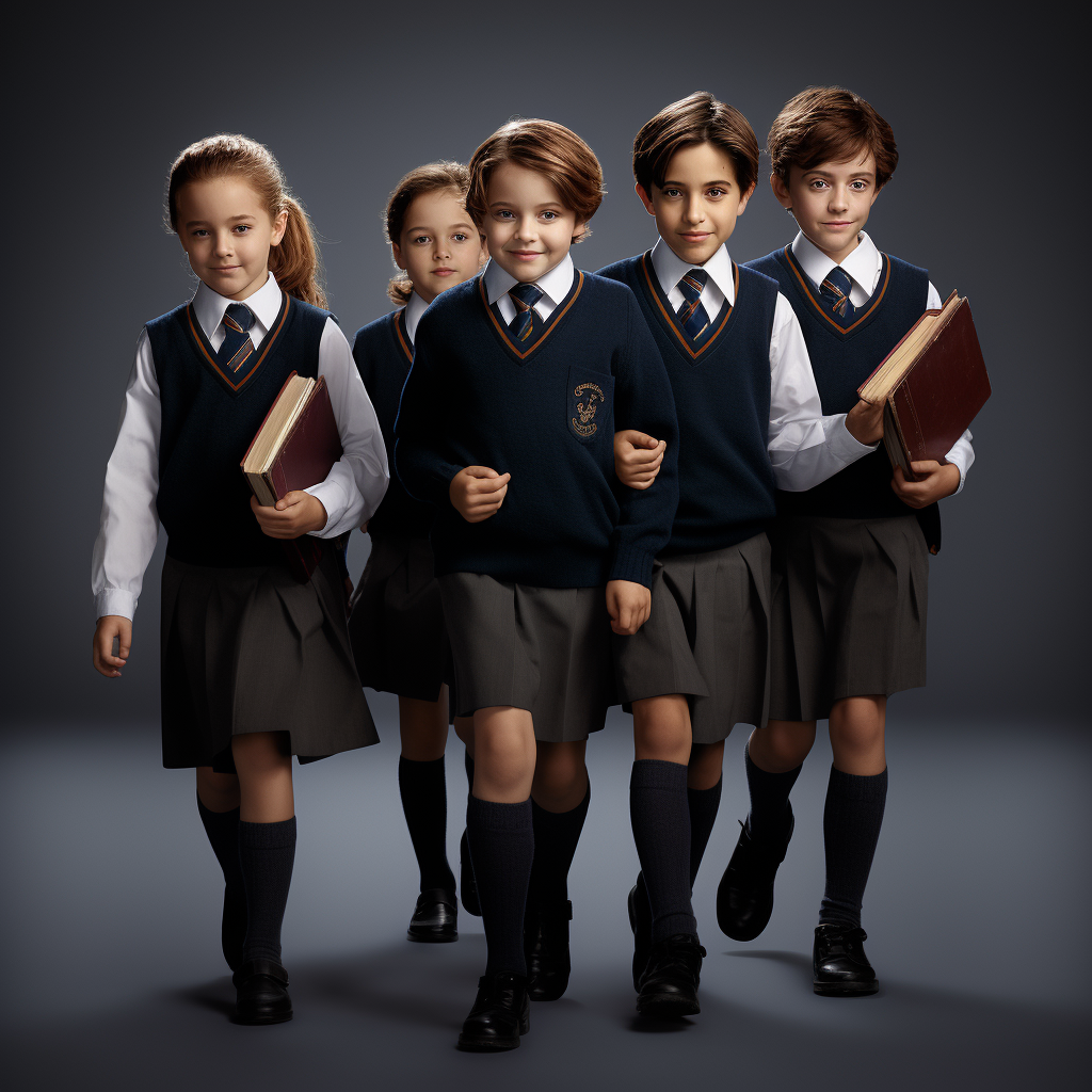 Four British aristocratic school students walking with books