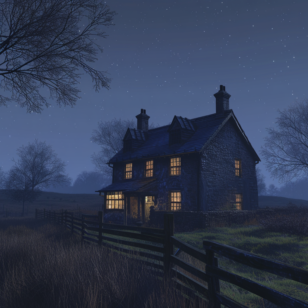 British farmhouse under starry night sky