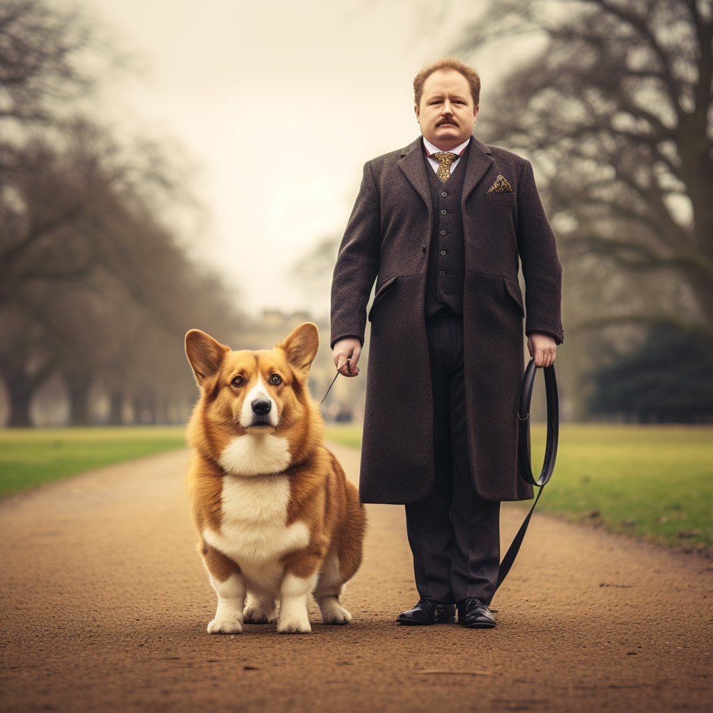 British gentleman with a giant Welshcorgi in the park