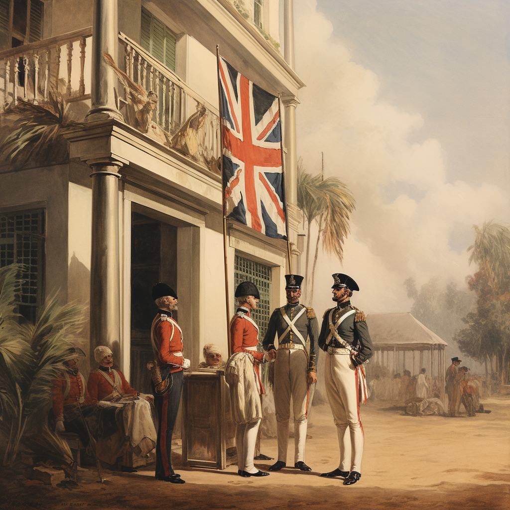 British India officers at government building