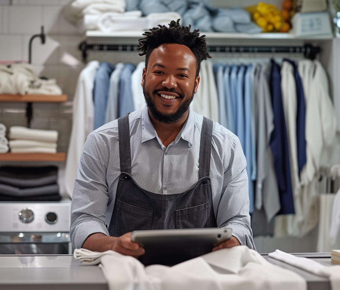 British mixed race male employee smiling with iPad