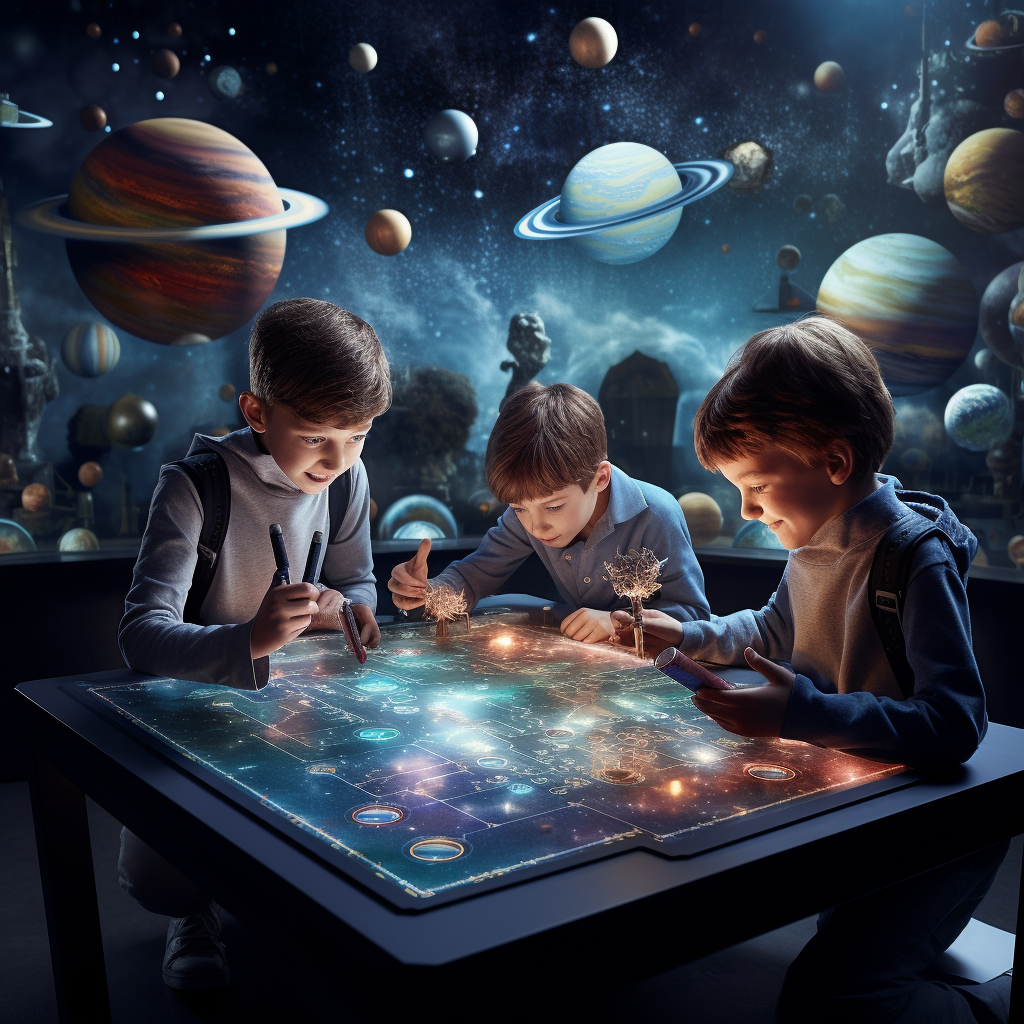 British primary school students playing space board game