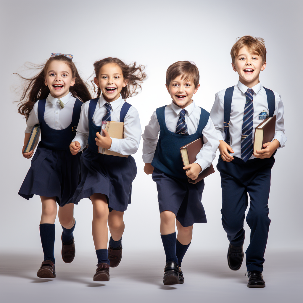 Four happy British primary school students running with books