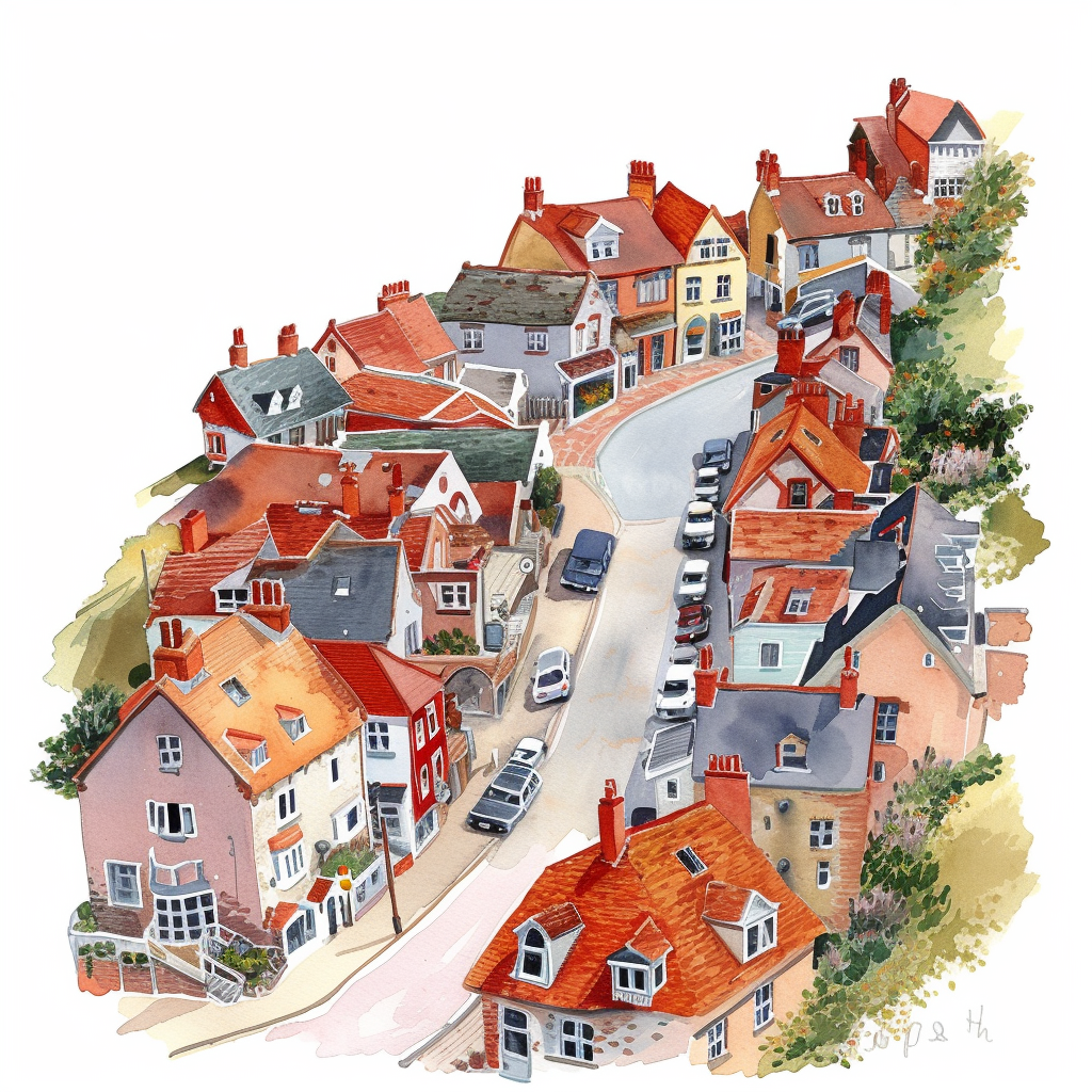 Detailed Watercolour of Quaint British Seaside Town