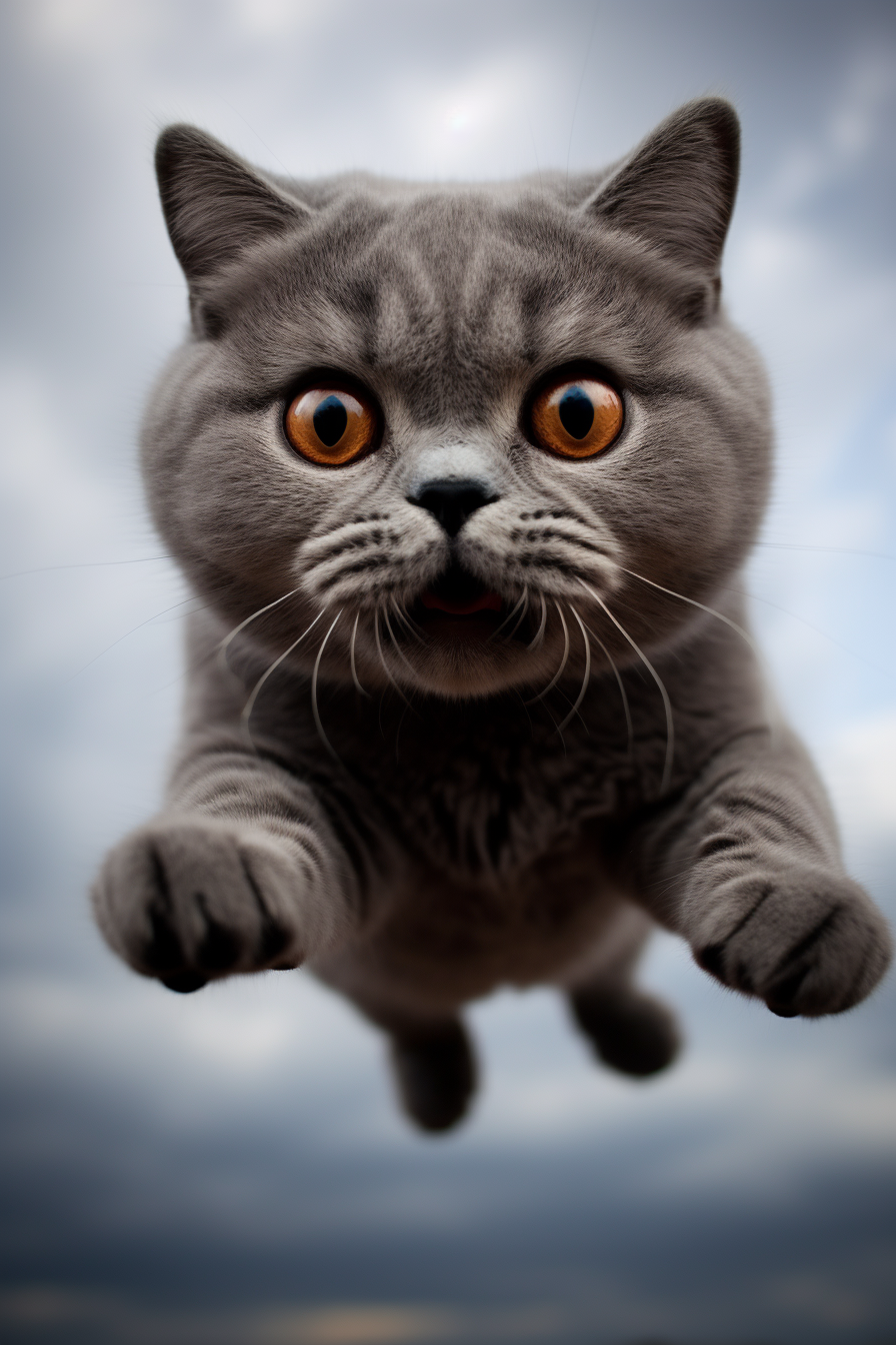 British Shorthair cat flying through clouds