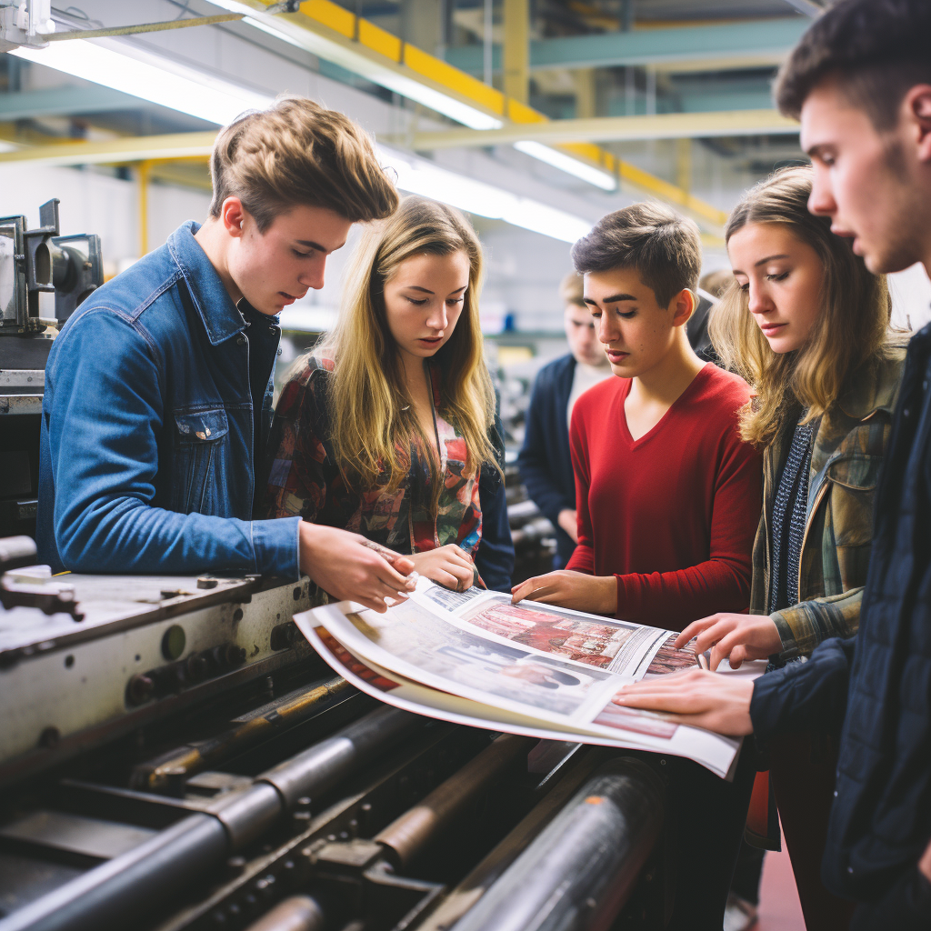 Group of British students at printing press