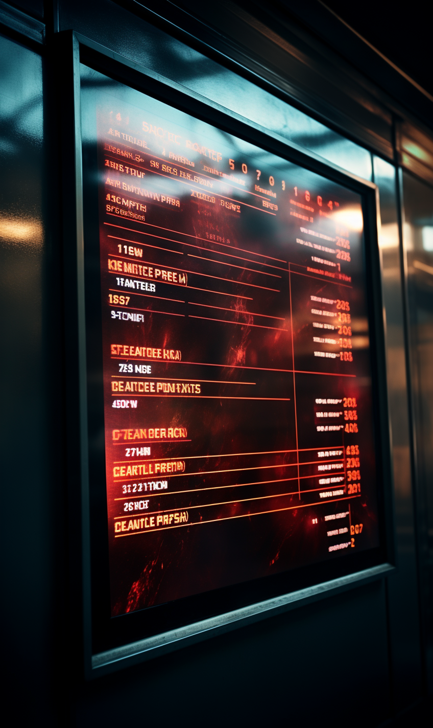 Train timetable board in gloomy action thriller style