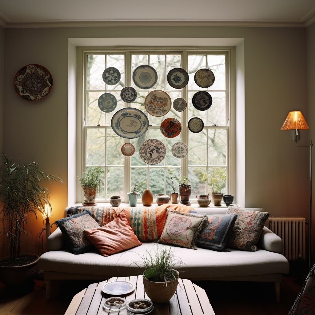 Contemporary plates hanging in stylish British house