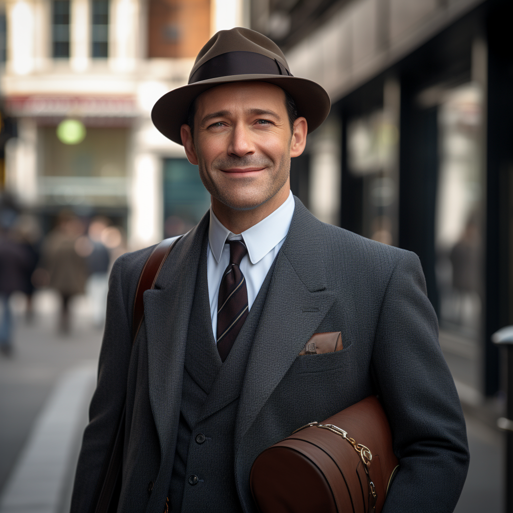 British man in pinstripe suit with sarcastic smile