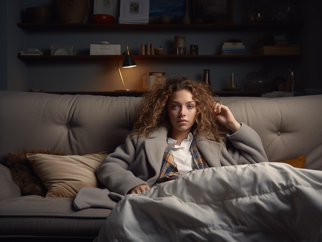 British model confidently posing on a huge couch