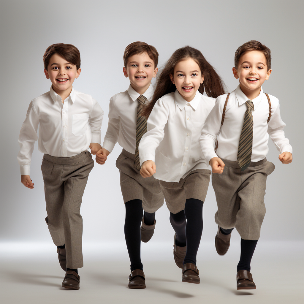 Four British school students running with books