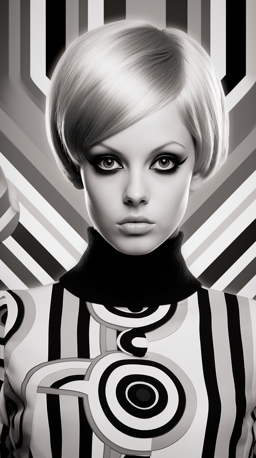 Twiggy in mod style black and white photo