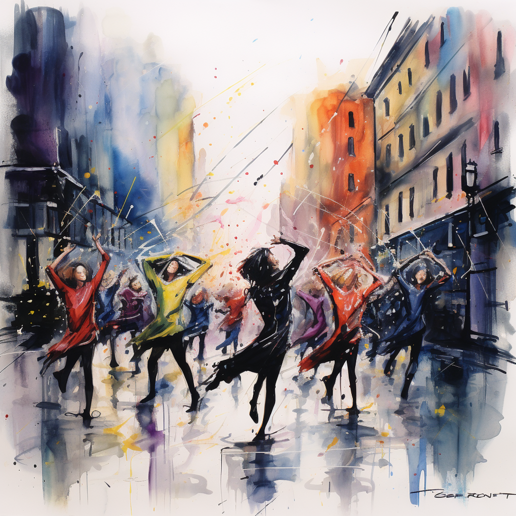 Broadway Dancers in Rainstorm