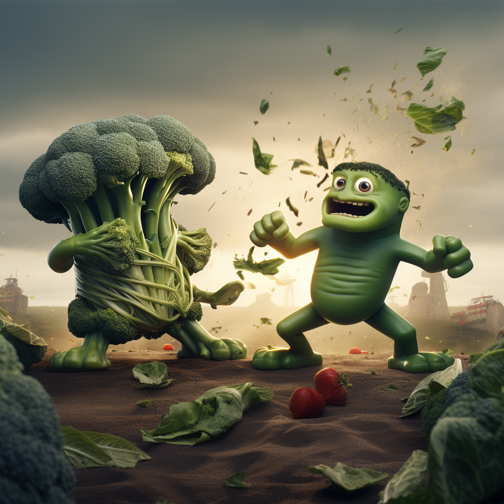 Broccoli fighting a piece of steak