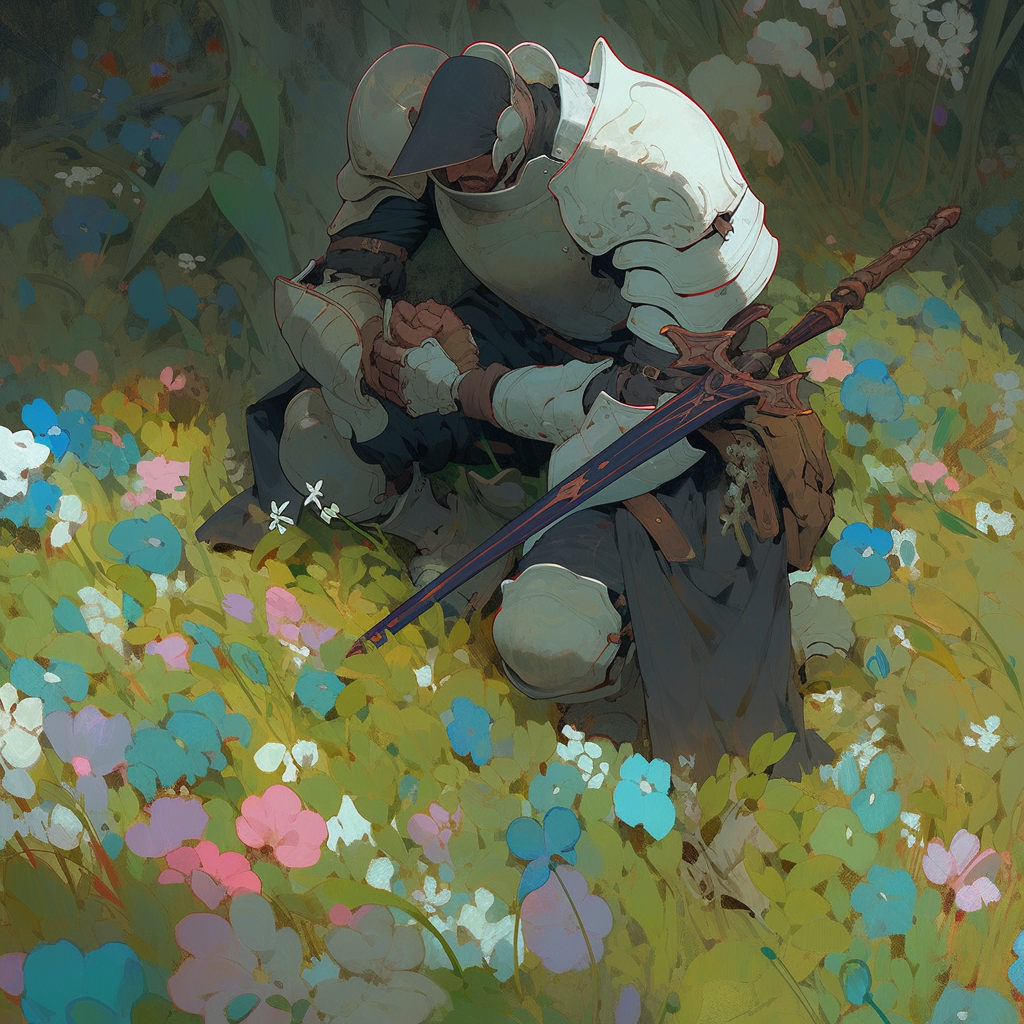 Knight in Broken Armor surrounded by Flowers