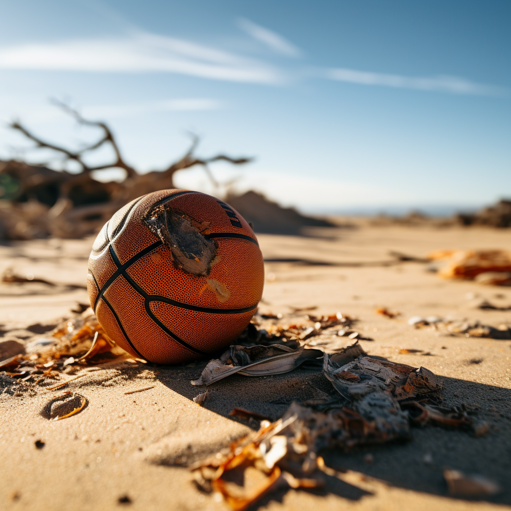 A broken basketball in the desert