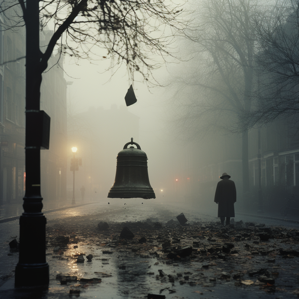 Broken bell in foggy London street