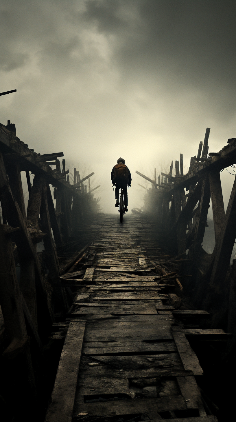 Brave cyclist on broken bridge