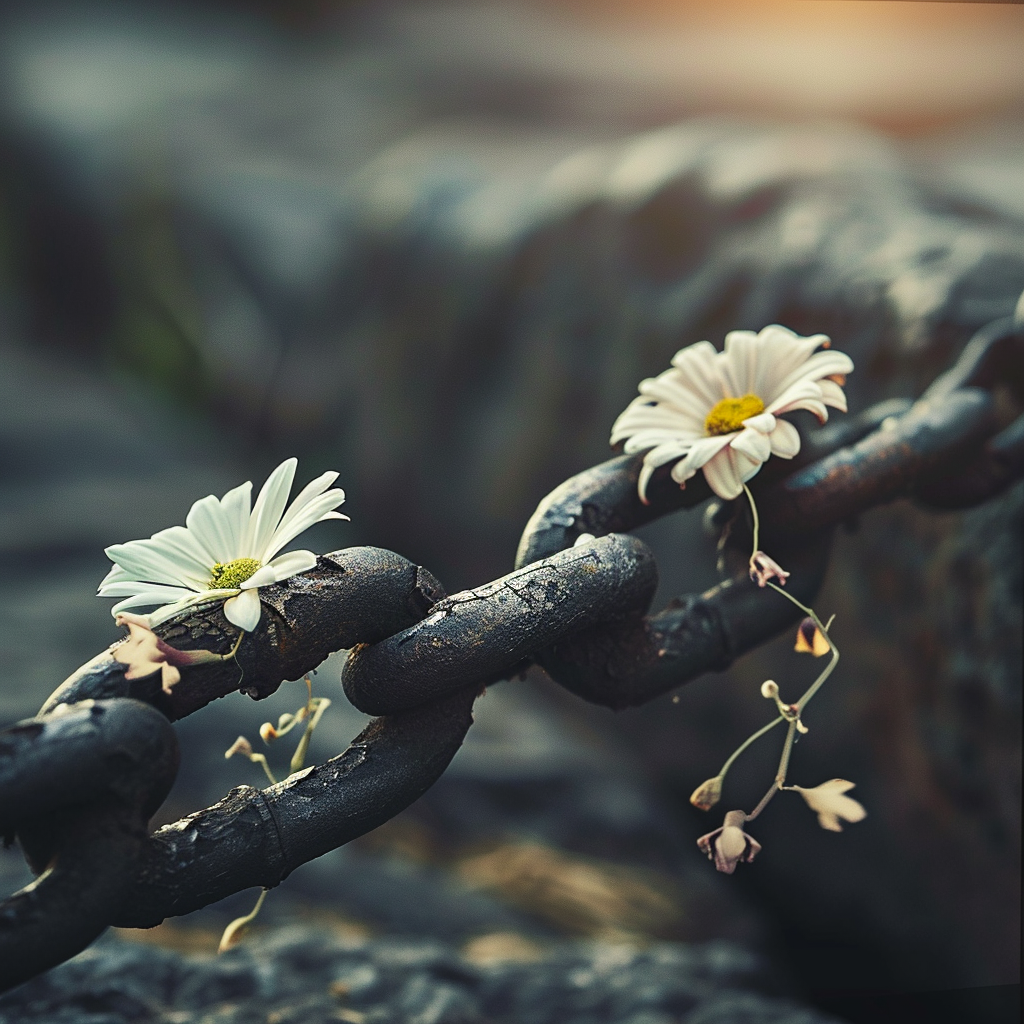 Broken chain with blooming flowers