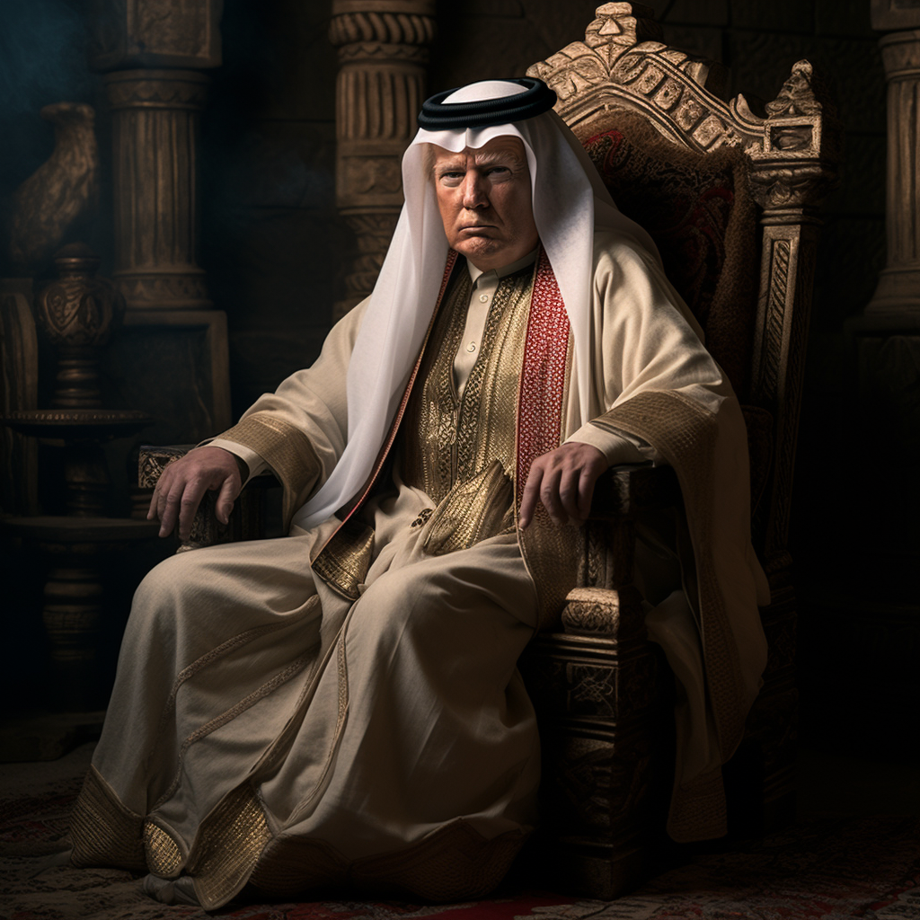 Donald Trump in broken chair wearing traditional garb