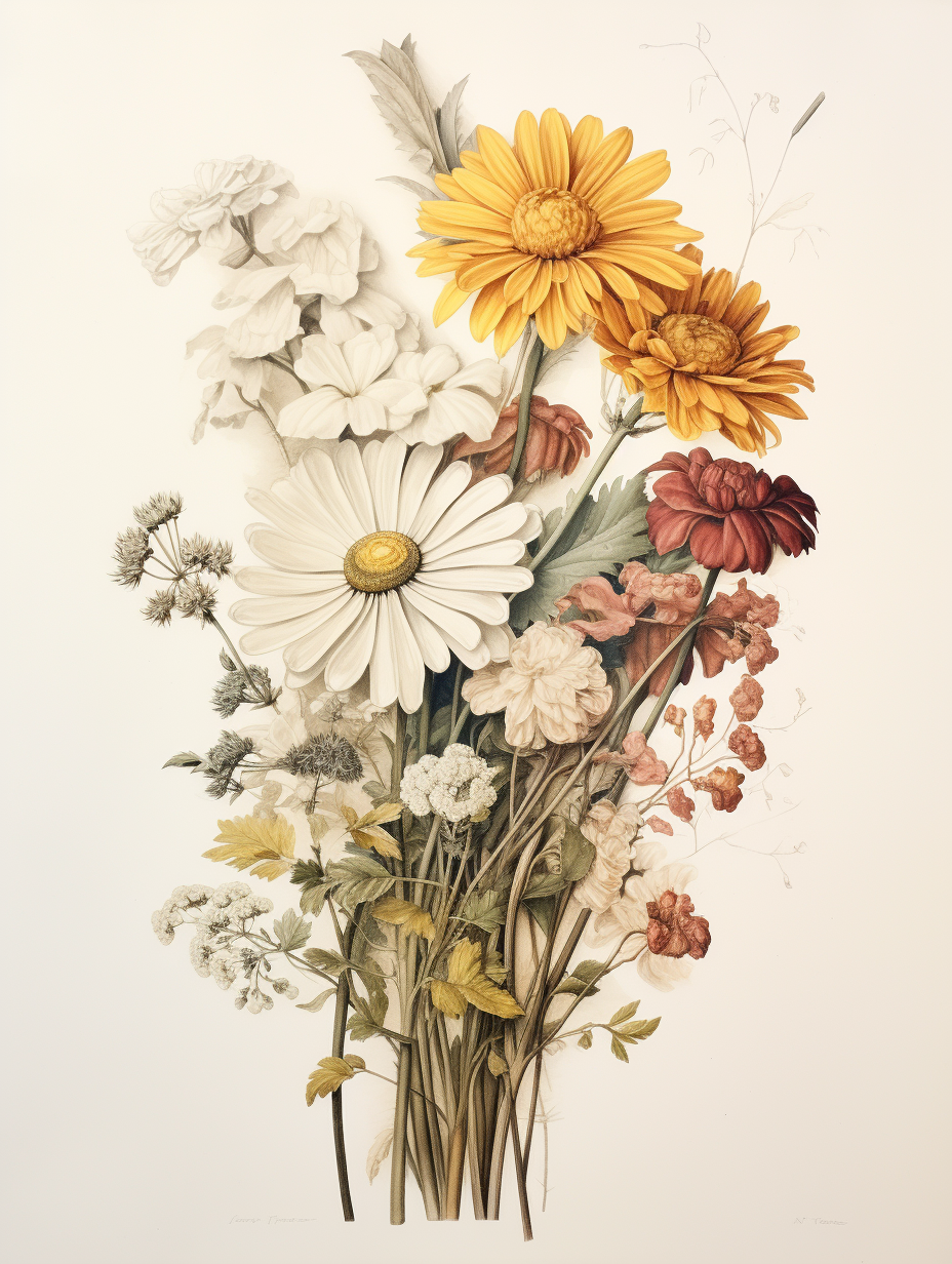 Broken chrysanthemums botanical illustration