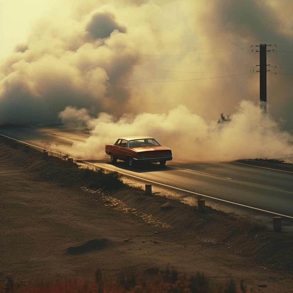 Broken classic sedan car on highway with smoke