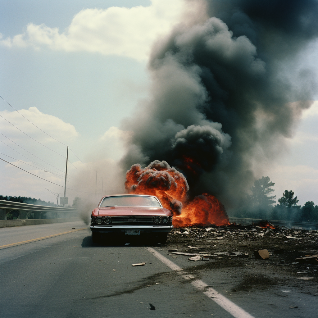 Broken classic sedan car on highway with smoke