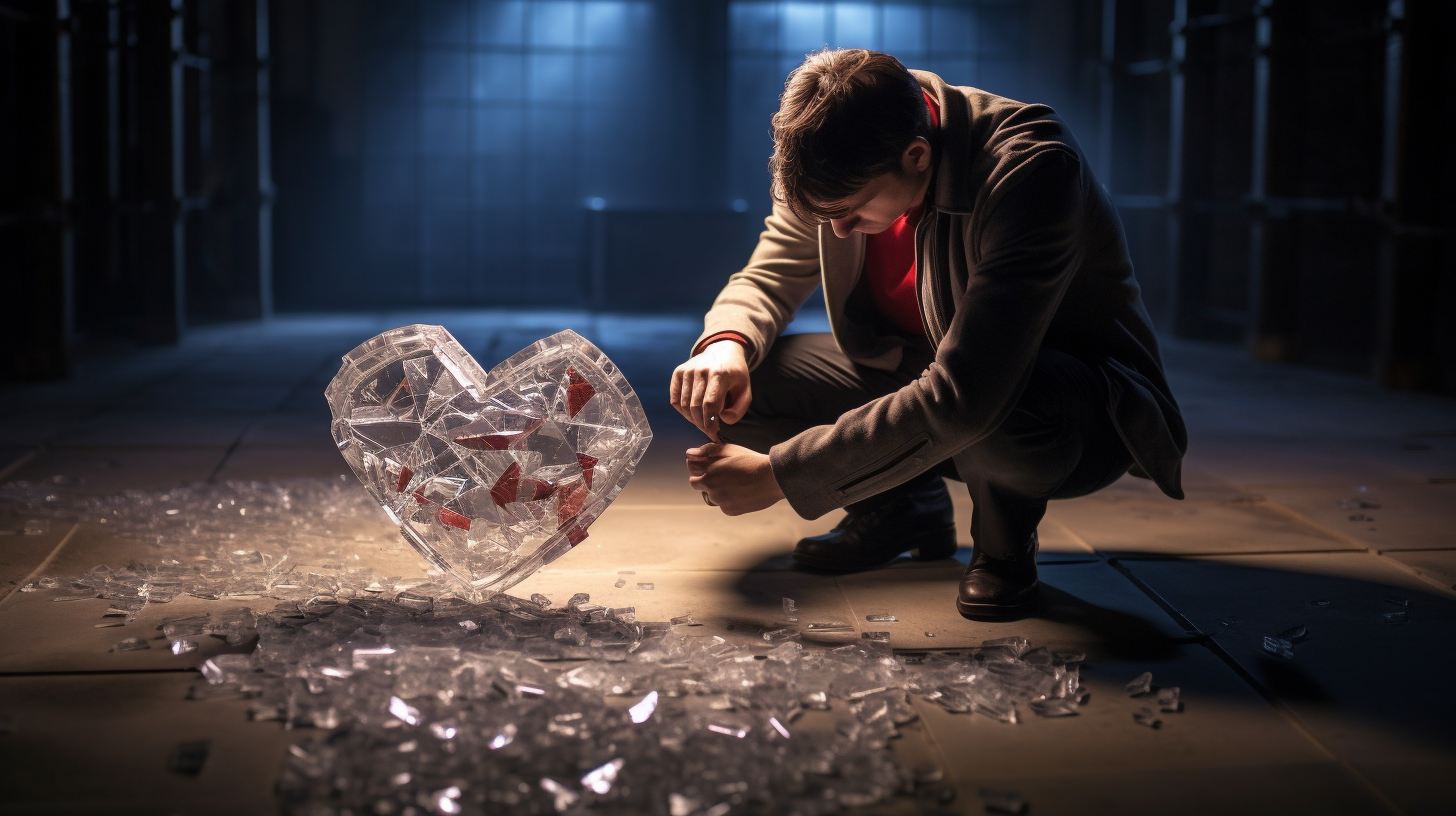 Shattered crystal heart in pieces on the floor