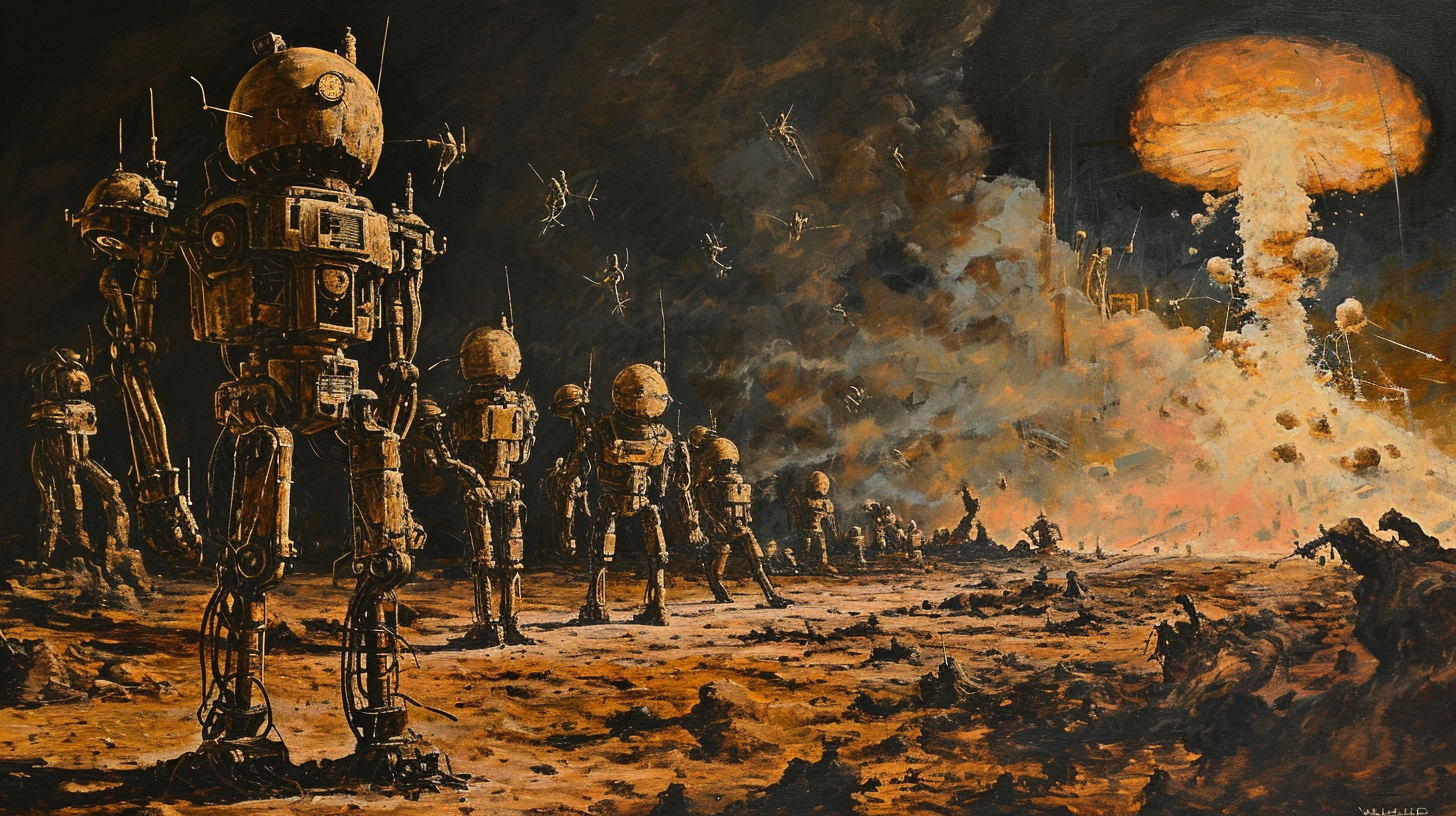 Rusting Lovecraftian robots amidst a nuclear explosion