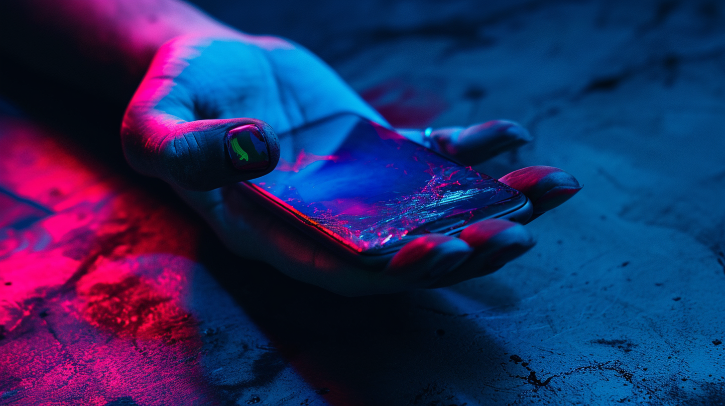 Woman's hand with broken manicured nails holding smartphone